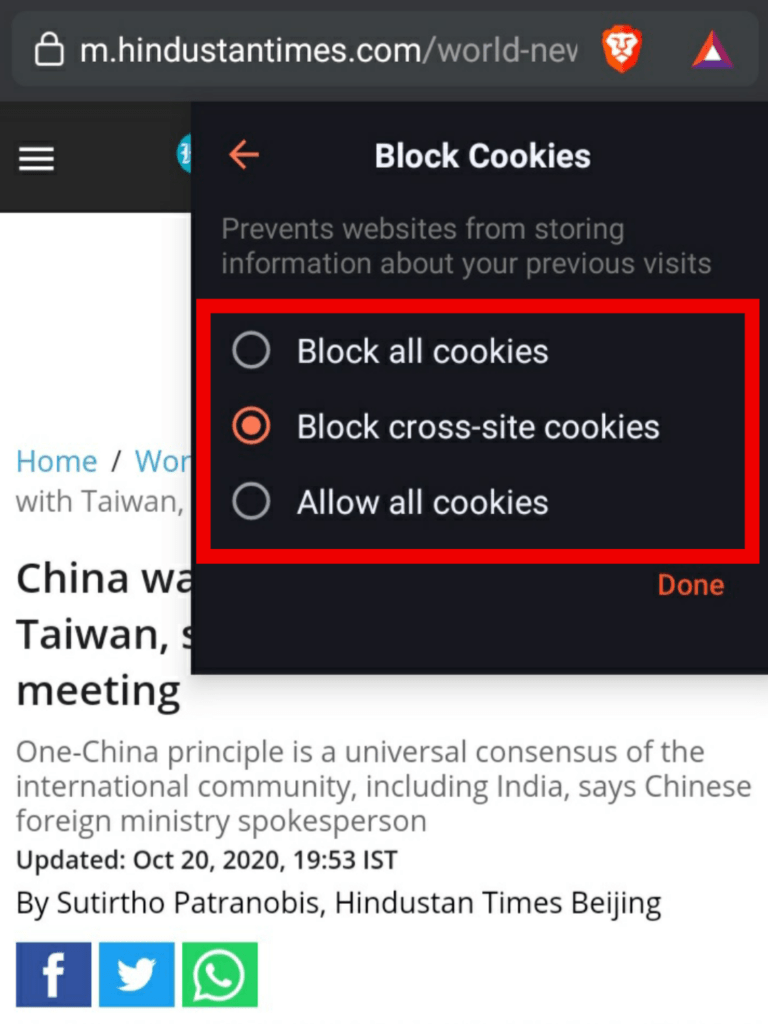 brave block cross site cookies