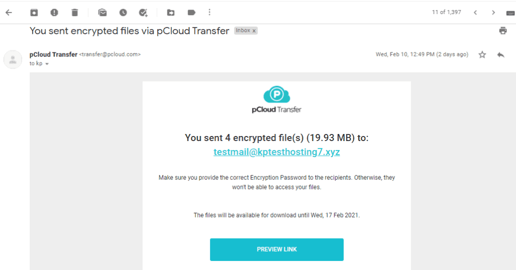 pCloud transfer successful email notification