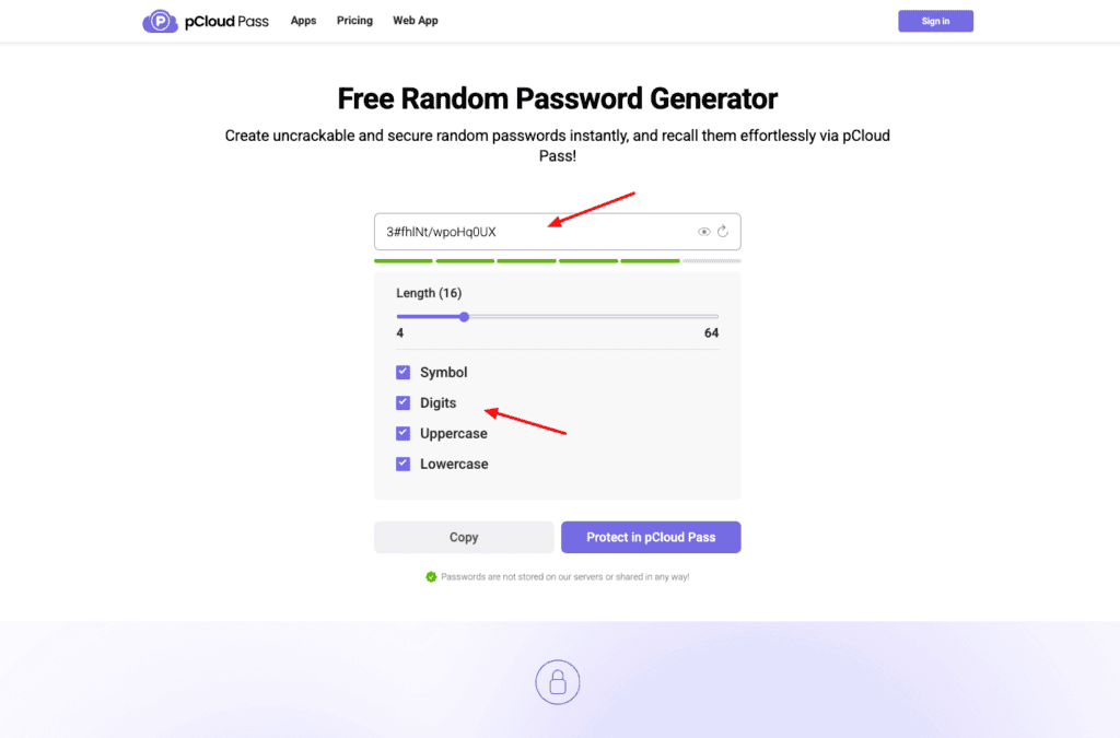 pCloud - Random password generator