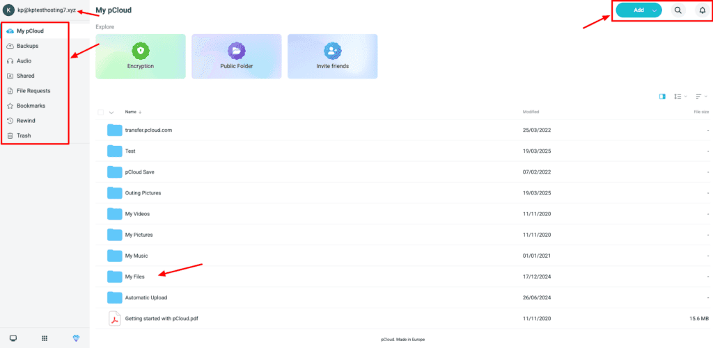 pCloud - user interface