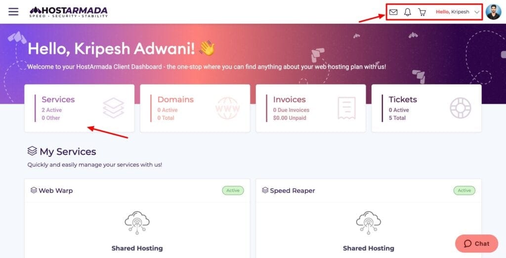 HostArmada dashboard