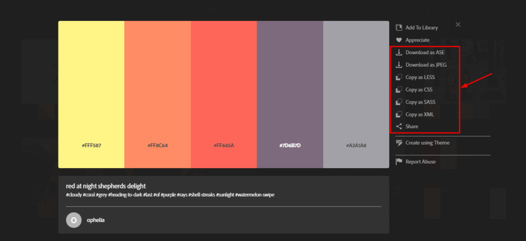 Export options in Adobe Color