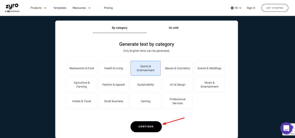 Selecting category in Zyro AI Writer