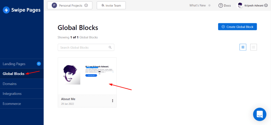 Global Blocks in Swipe Pages