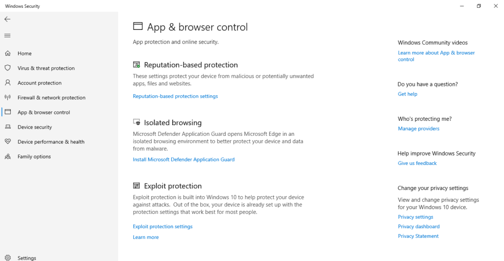 App and Browser Control in Windows Defender