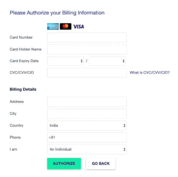 Authorizing payment method on Cloudways