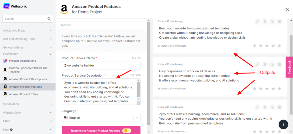 Writesonic Amazon Product Features
