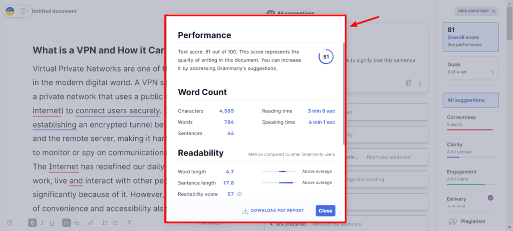 Grammarly - Content Score and Reporting