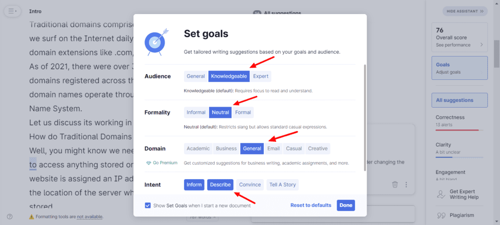 Setting document goals in Grammarly