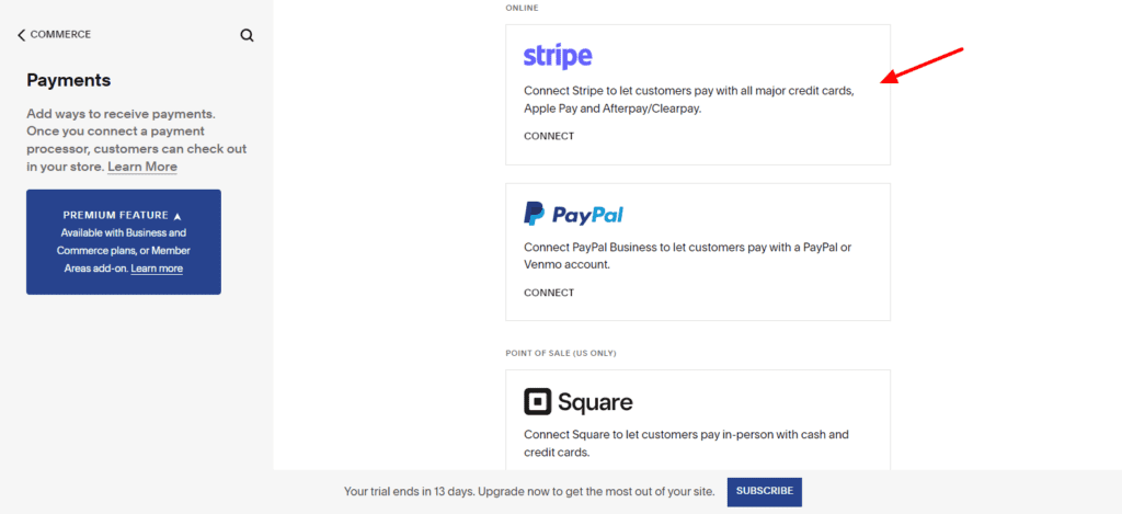 Setting payment methods on Squarespace
