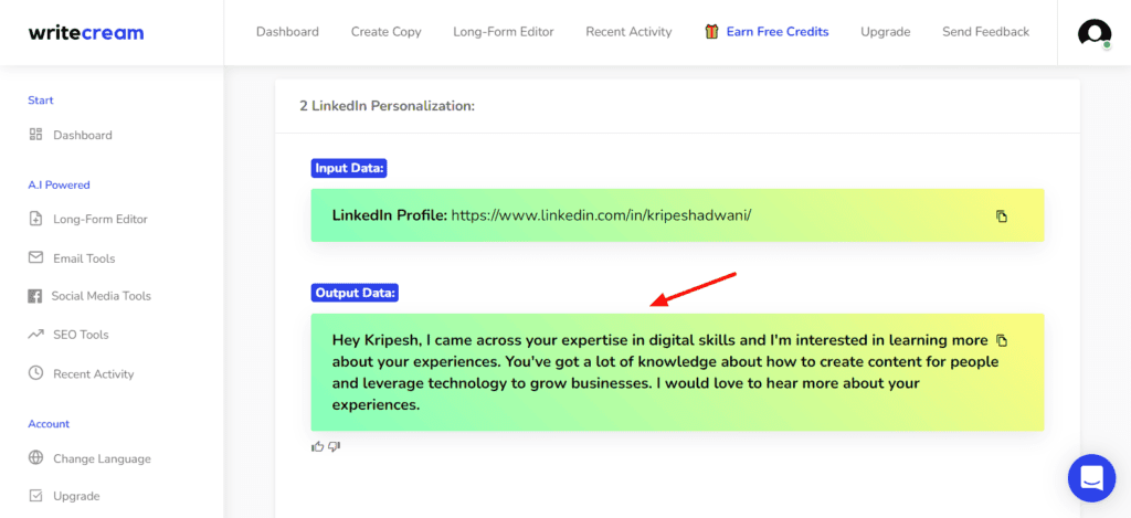 Writecream LinkedIn Personalization