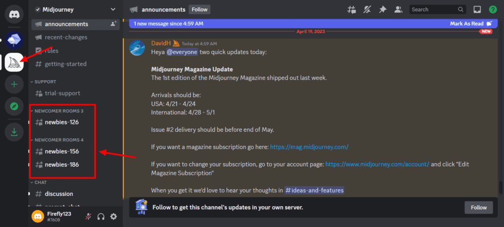 Joining newbie rooms on Midjourney Discord server