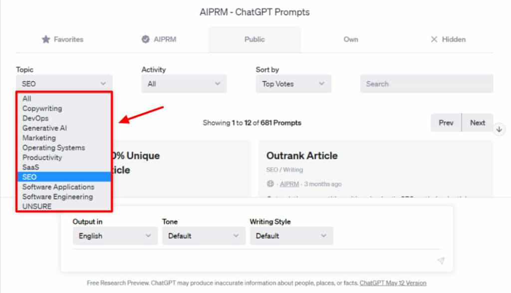 AIPRM for ChatGPT categories