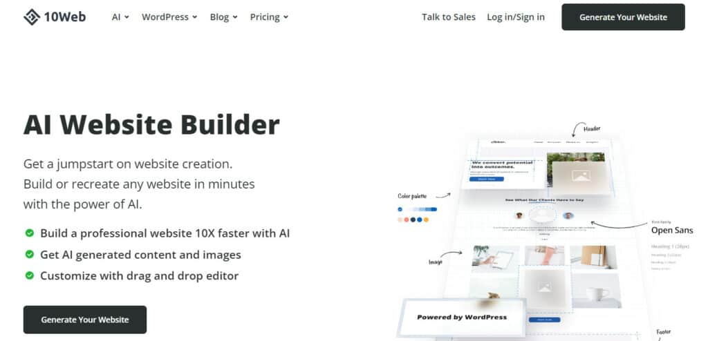 10Web AI website builder homepage