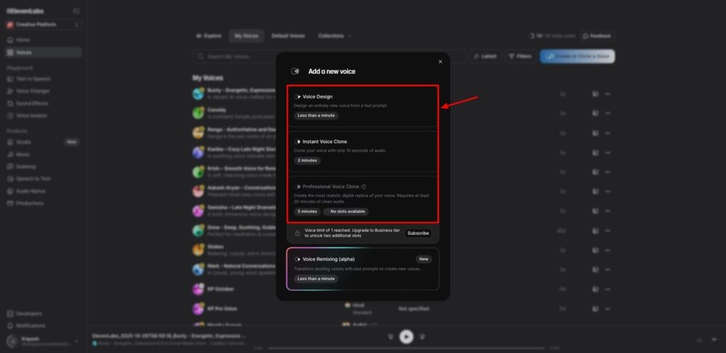 ElevenLabs - voice cloning options