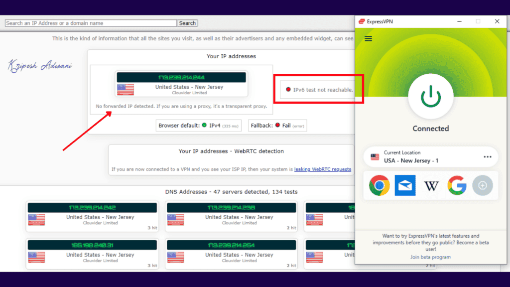 ExpressVPN DNS leak test