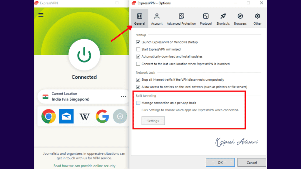 Split tunneling feature