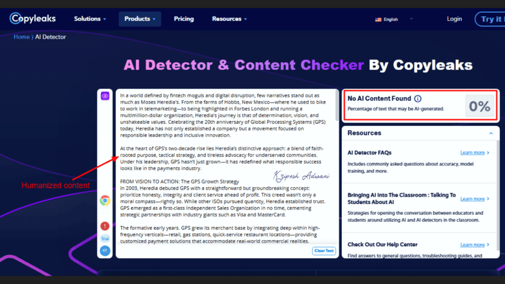 Copyleaks result for Humanized content 1