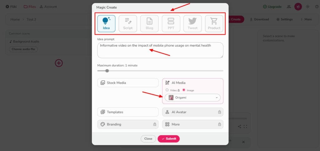 Fliki AI video generation settings