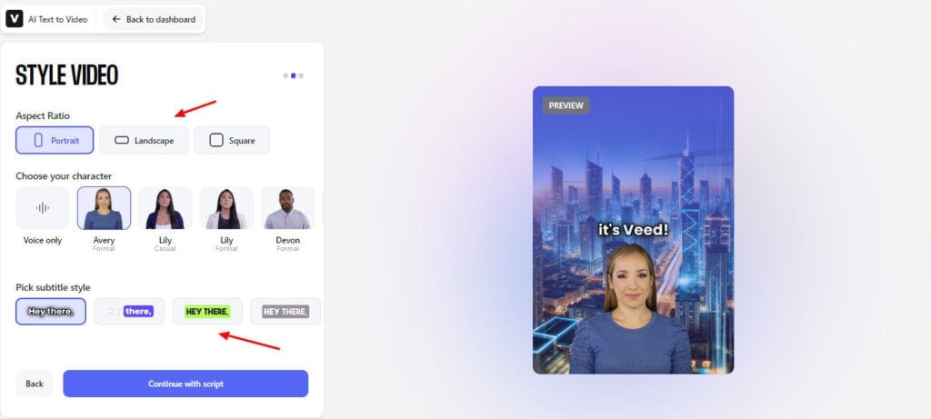 Veed video generation settings