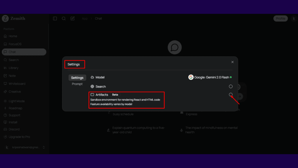 Artifact button under Chat