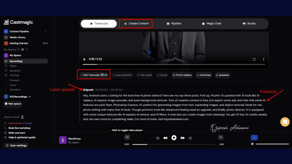 Castmagic Review (2026) - Perfect AI Tool For Content Creators? 6 Step 3 Review the Transcription
