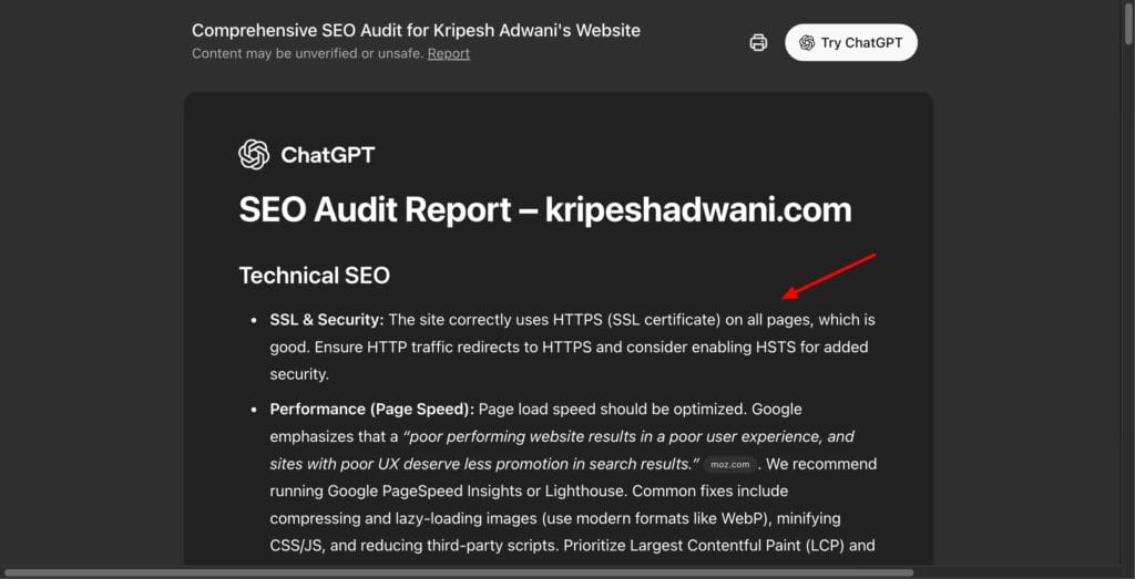 ChatGPT - SEO Audit report