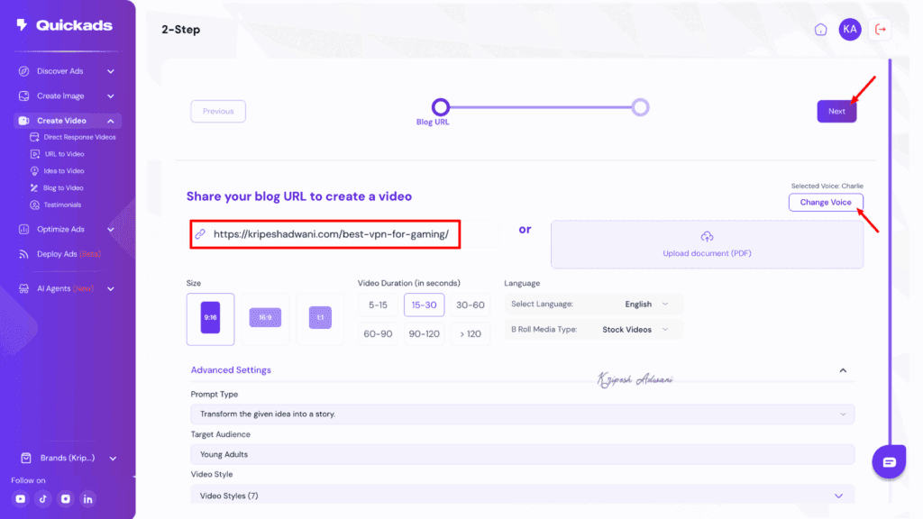 QuickAds Review 2026: Double Your Ad ROI with This AI-Powered Platform 17 Blog to Video Generator UI