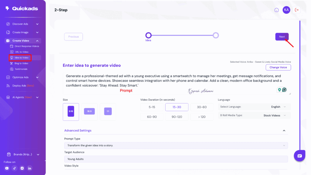 QuickAds Review 2026: Double Your Ad ROI with This AI-Powered Platform 16 Idea to Video Generator UI