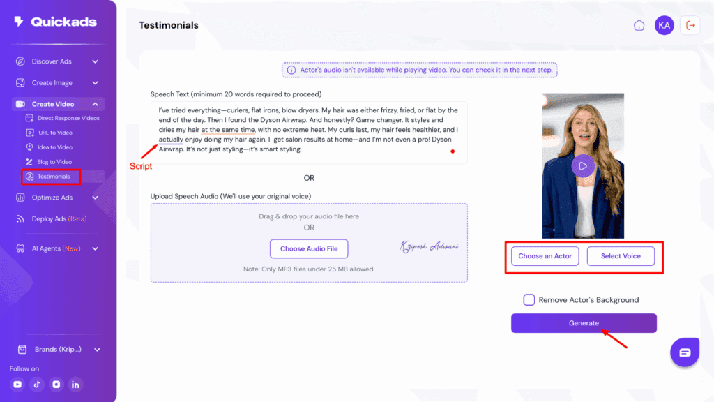 QuickAds Review 2026: Double Your Ad ROI with This AI-Powered Platform 19 Testimonial video generator UI