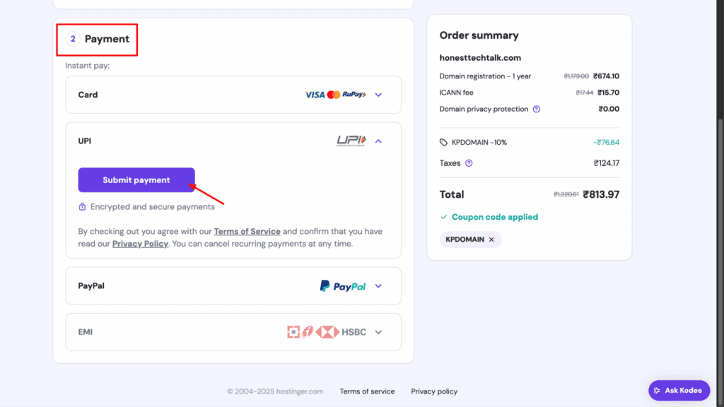 Step 8 Select UPI as the Payment Method