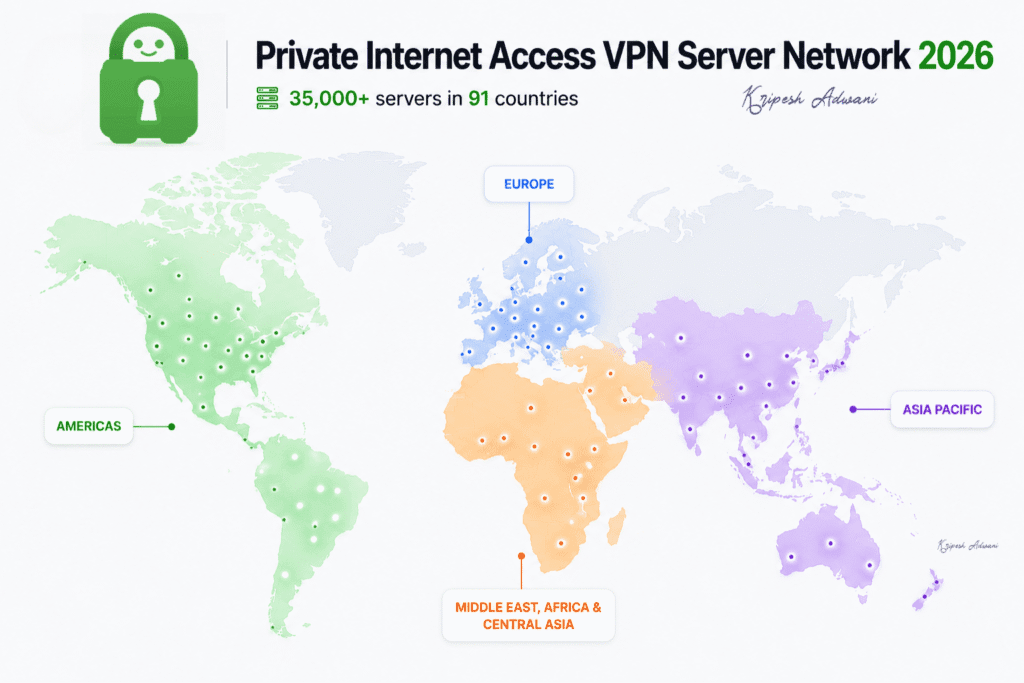 Private Internet Access Review 2026: Speeds, Privacy & Real Test Results 5 PIA VPN server locations map for 2026 highlighting 35000+ servers in 91 countries, color-coded by region with high, medium, and low presence indicators.